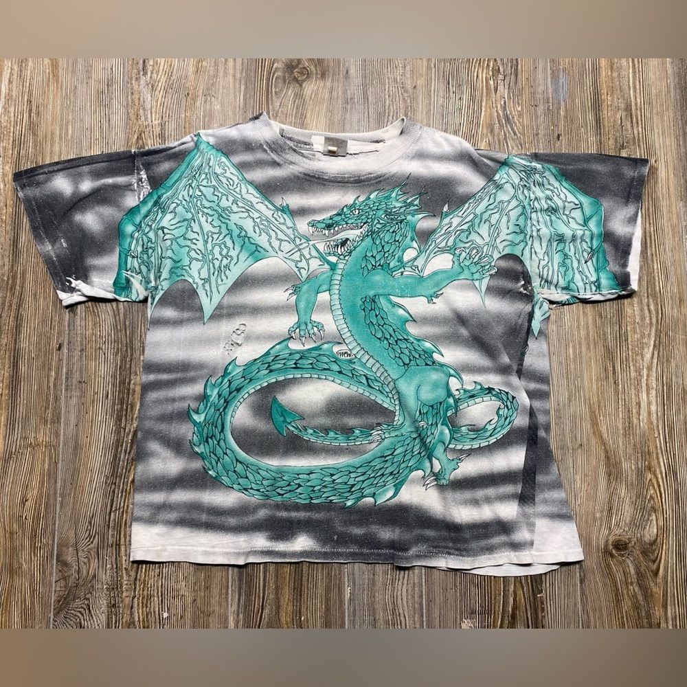Vintage Teal Dragon Graphic Short Sleeve Tee